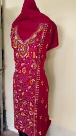 Cotton Kantha Stitch Long Kurti Material – Wine Red Floral - Image 5
