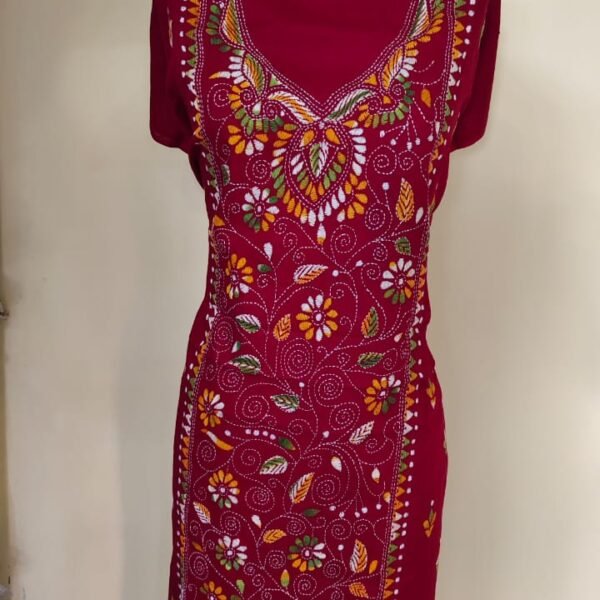 Cotton Kantha Stitch Long Kurti Material – Wine Red Floral