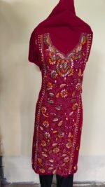 Cotton Kantha Stitch Long Kurti Material – Wine Red Floral - Image 3