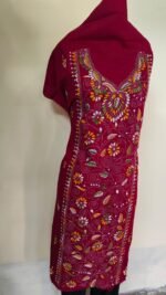 Cotton Kantha Stitch Long Kurti Material – Wine Red Floral - Image 4