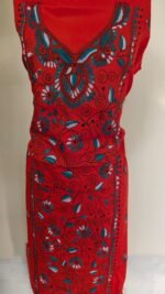 Cotton Kantha Stitch Long Kurti Material – Orange Floral Vine - Image 2