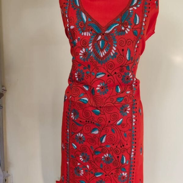 Cotton Kantha Stitch Long Kurti Material – Orange Floral Vine