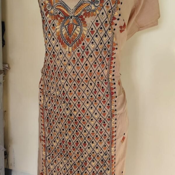 Cotton Kantha Stitch Long Kurti Material – Sand Beige Lattice