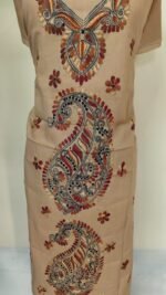Cotton Kantha Stitch Long Kurti Material – Sand Beige Paisley Cascade - Image 5