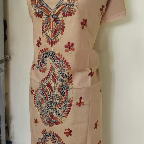 Cotton Kantha Stitch Long Kurti Material – Sand Beige Paisley Cascade