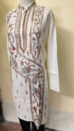 Men’s Cotton Kantha Stitch Kurta/Panjabi – Ivory Fish & Vines