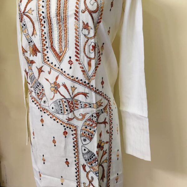 Men’s Cotton Kantha Stitch Kurta/Panjabi – Ivory Fish & Vines