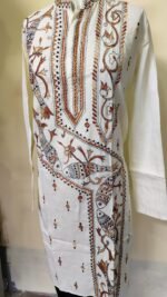 Men’s Cotton Kantha Stitch Kurta/Panjabi – Ivory Fish & Vines - Image 2