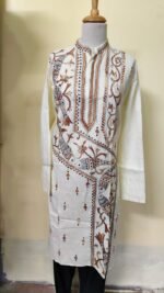 Men’s Cotton Kantha Stitch Kurta/Panjabi – Ivory Fish & Vines - Image 4