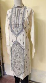 Men’s Cotton Kantha Stitch Kurta/Panjabi – Ivory Charcoal Panel - Image 4