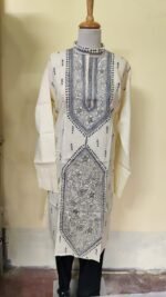 Men’s Cotton Kantha Stitch Kurta/Panjabi – Ivory Charcoal Panel - Image 2