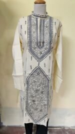 Men’s Cotton Kantha Stitch Kurta/Panjabi – Ivory Charcoal Panel