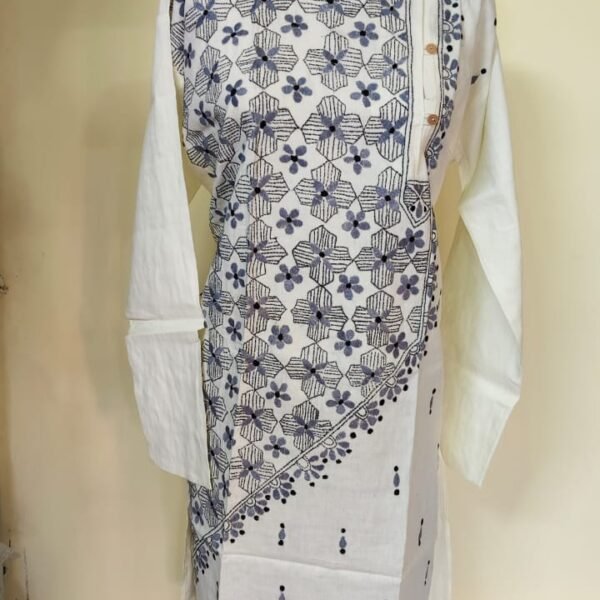 Men’s Cotton Kantha Stitch Kurta/Panjabi – Grey Four-Petal Motifs