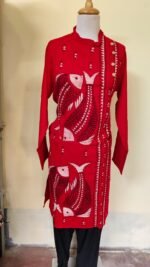 Men’s Cotton Kantha Stitch Kurta/Panjabi – Red Matsya Panel - Image 3