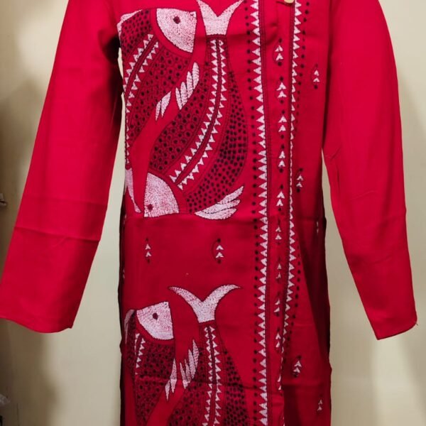 Men’s Cotton Kantha Stitch Kurta/Panjabi – Red Matsya Panel