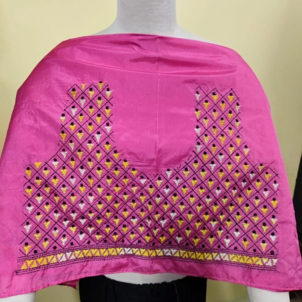 Silk Kantha-Embroidered Blouse Material – Rose Pink (Geometric)