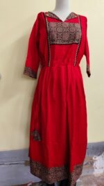 Red Long Gown (Contrast Yoke and Border) - Image 3