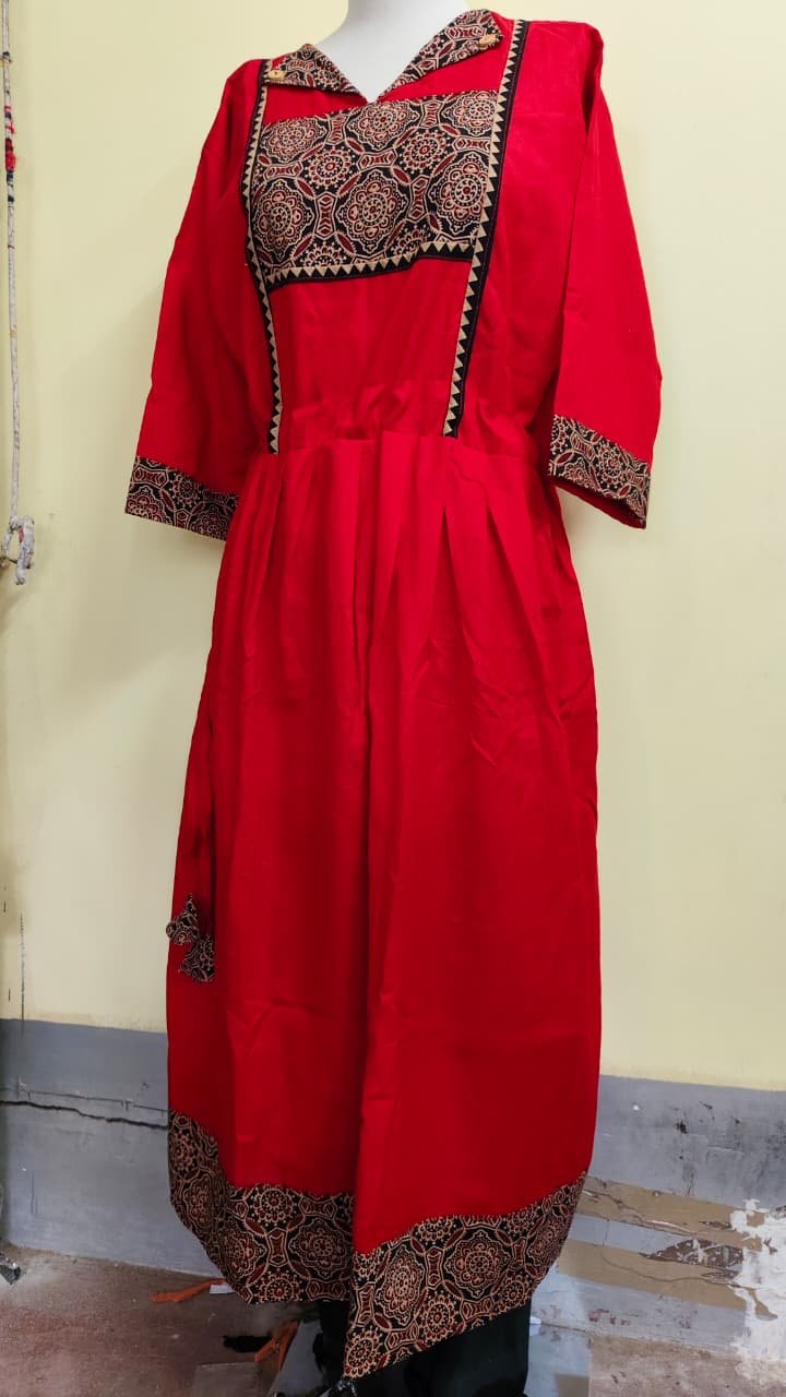 WhatsApp Image 2025-09-03 at 19.27.30_96ea006c Red Long Gown (Contrast Yoke and Border) - Image 4