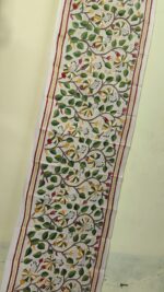 D Tussar Silk Kantha Stole – Off-White with Orange & Green Floral Vines - Image 3