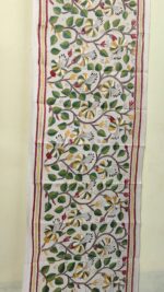D Tussar Silk Kantha Stole – Off-White with Orange & Green Floral Vines