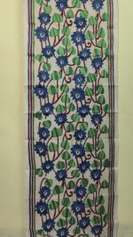 D Tussar Silk Kantha Stole – Off-White with Blue Floral Vine Design - Image 4
