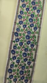 D Tussar Silk Kantha Stole – Off-White with Blue Floral Vine Design - Image 2