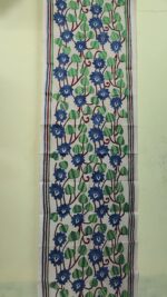 D Tussar Silk Kantha Stole – Off-White with Blue Floral Vine Design