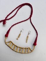 Handcrafted Brass Bead Choker Necklace Set with Maroon Thread and Matching Earrings - Image 3