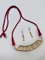 Handcrafted Brass Bead Choker Necklace Set with Maroon Thread and Matching Earrings - Image 2