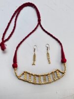 Handcrafted Brass Bead Choker Necklace Set with Maroon Thread and Matching Earrings