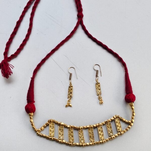 Handcrafted Brass Bead Choker Necklace Set with Maroon Thread and Matching Earrings