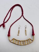 Handcrafted Brass Bead Choker Necklace Set with Maroon Thread and Matching Earrings - Image 4