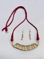 Handcrafted Brass Bead Choker Necklace Set with Maroon Thread and Matching Earrings - Image 5