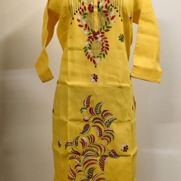 Cotton Kantha Stitch Kurti – Yellow Floral Vines