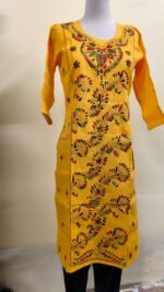Cotton Kantha Stitch Kurti – Mustard Peacock Vines - Image 4