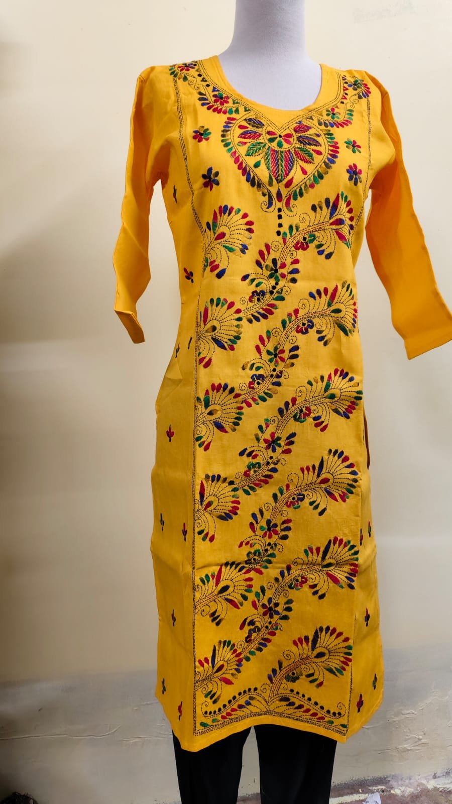 WhatsApp Image 2025-09-02 at 00.00.21_2f84a42b Cotton Kantha Stitch Kurti – Mustard Peacock Vines - Image 4