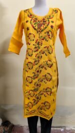 Cotton Kantha Stitch Kurti – Mustard Peacock Vines