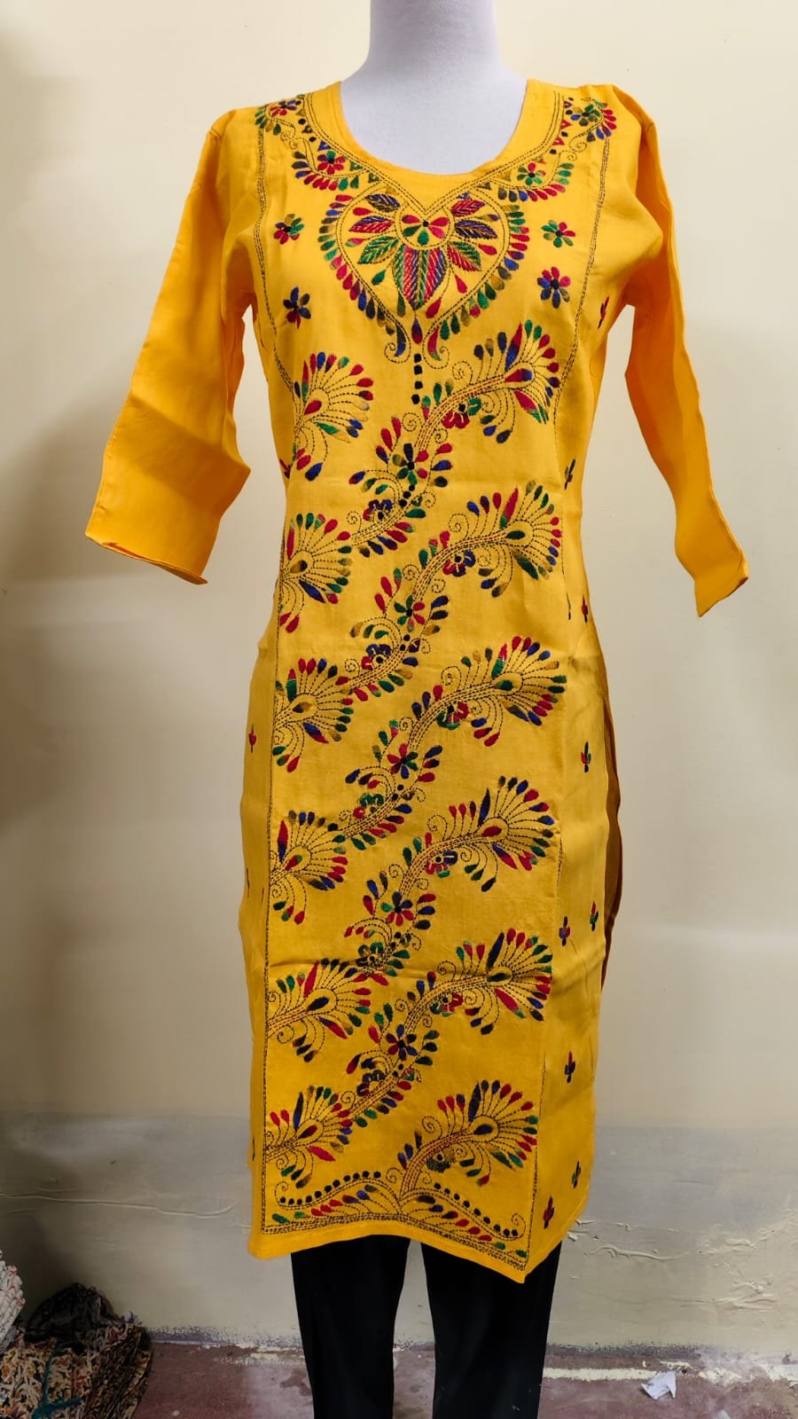 WhatsApp Image 2025-09-02 at 00.00.21_de6dda45 Cotton Kantha Stitch Kurti – Mustard Peacock Vines - Image 3