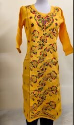 Cotton Kantha Stitch Kurti – Mustard Peacock Vines - Image 2