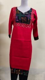 Cotton Kantha Stitch Kurti – Red Contrast Panel Yoke