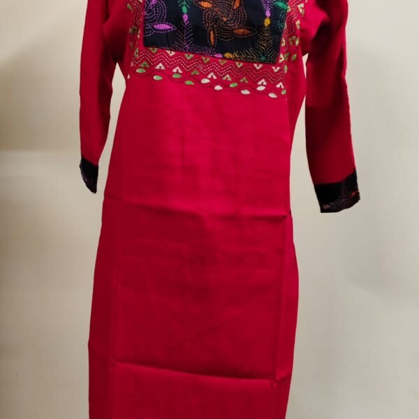 Cotton Kantha Stitch Kurti – Red Contrast Panel Yoke