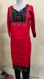 Cotton Kantha Stitch Kurti – Red Contrast Panel Yoke - Image 4