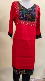 Cotton Kantha Stitch Kurti – Red Contrast Panel Yoke - Image 5