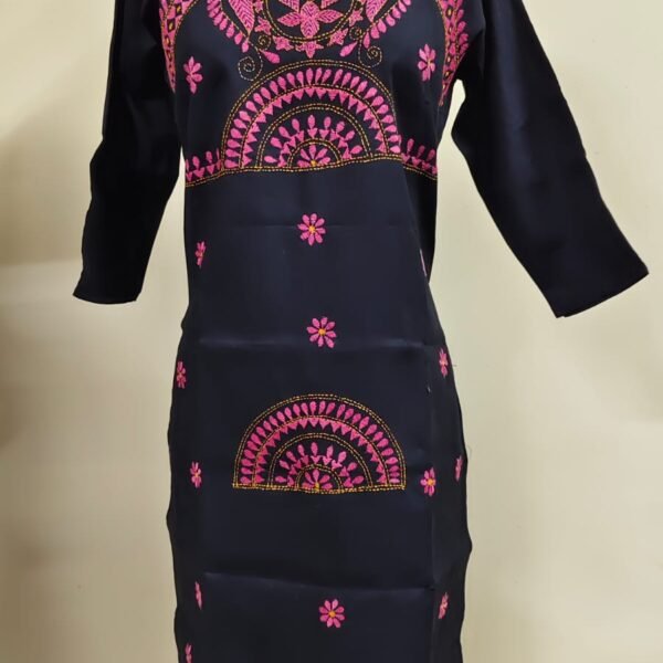 Cotton Kantha Stitch Kurti – Black Pink Arch Motifs