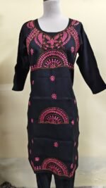 Cotton Kantha Stitch Kurti – Black Pink Arch Motifs - Image 2
