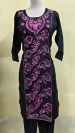 Cotton Kantha Stitch Kurti – Black Pink Vine Panel