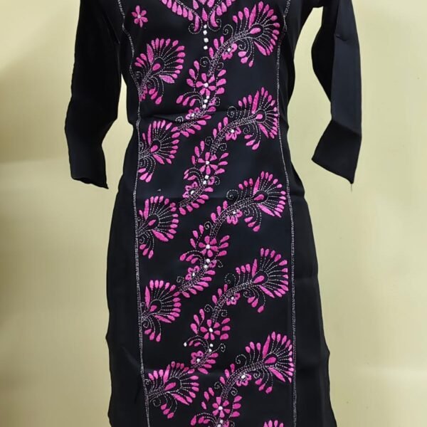 Cotton Kantha Stitch Kurti – Black Pink Vine Panel