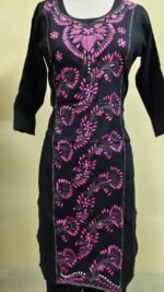 Cotton Kantha Stitch Kurti – Black Pink Vine Panel - Image 6