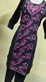 Cotton Kantha Stitch Kurti – Black Pink Vine Panel - Image 5