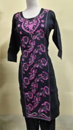 Cotton Kantha Stitch Kurti – Black Pink Vine Panel - Image 4